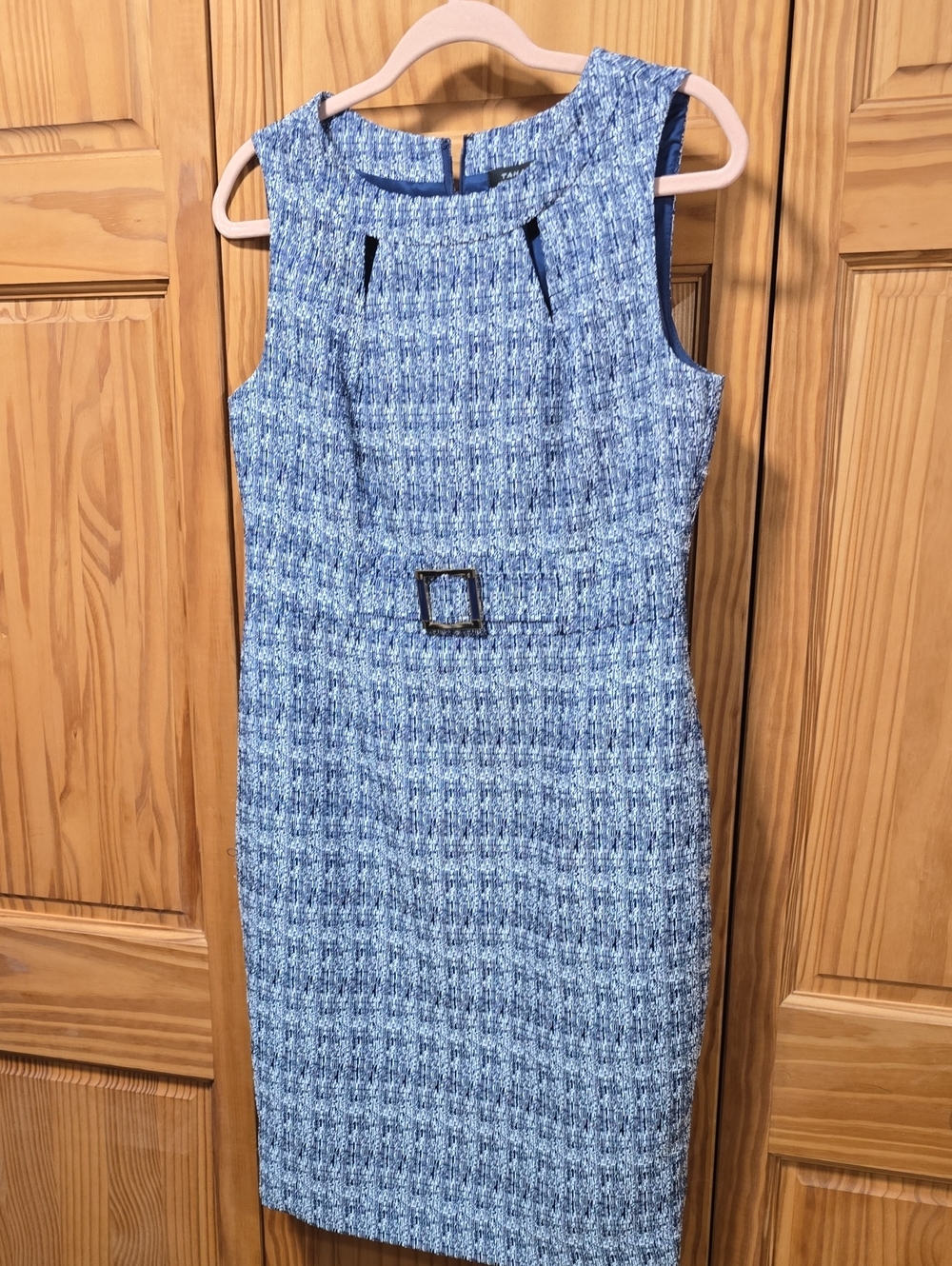 Sleeveless Blue Tweed Sheath Dress with Belt